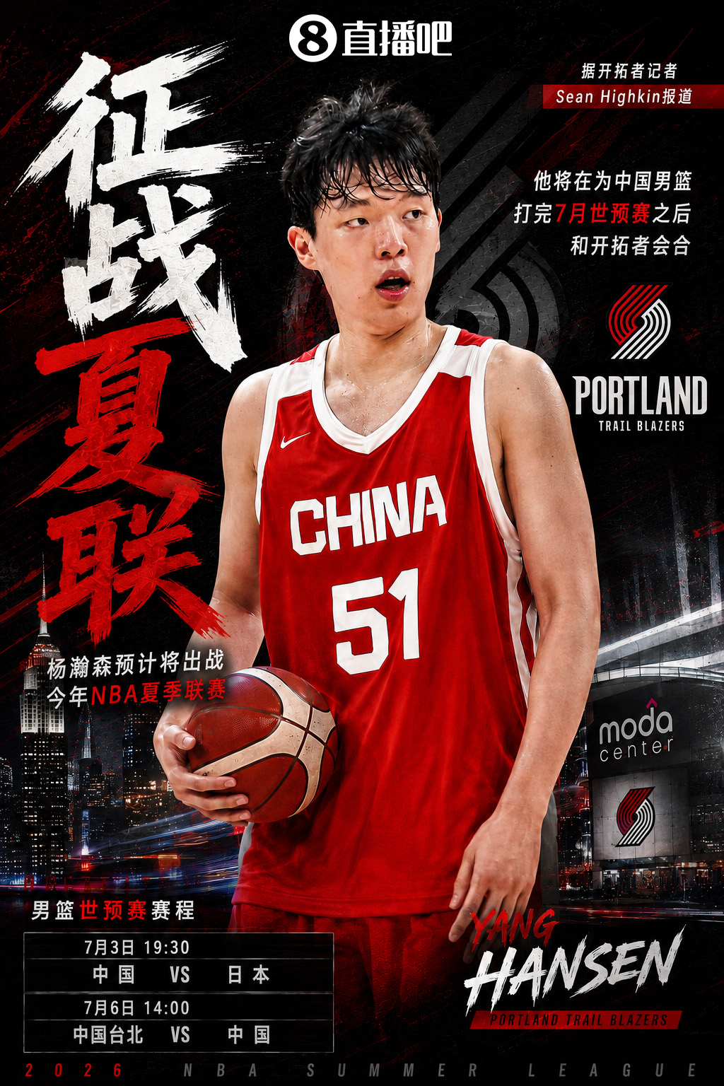 杨瀚森确认出战夏季联赛 世预赛后驰援开拓者