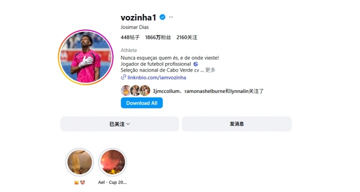佛得角门将社媒粉丝飙至1871万,仅詹库威欧四名NBA球星更高 佛得角门将社媒粉丝飙至1871万,仅詹库威欧四名NBA球星更高