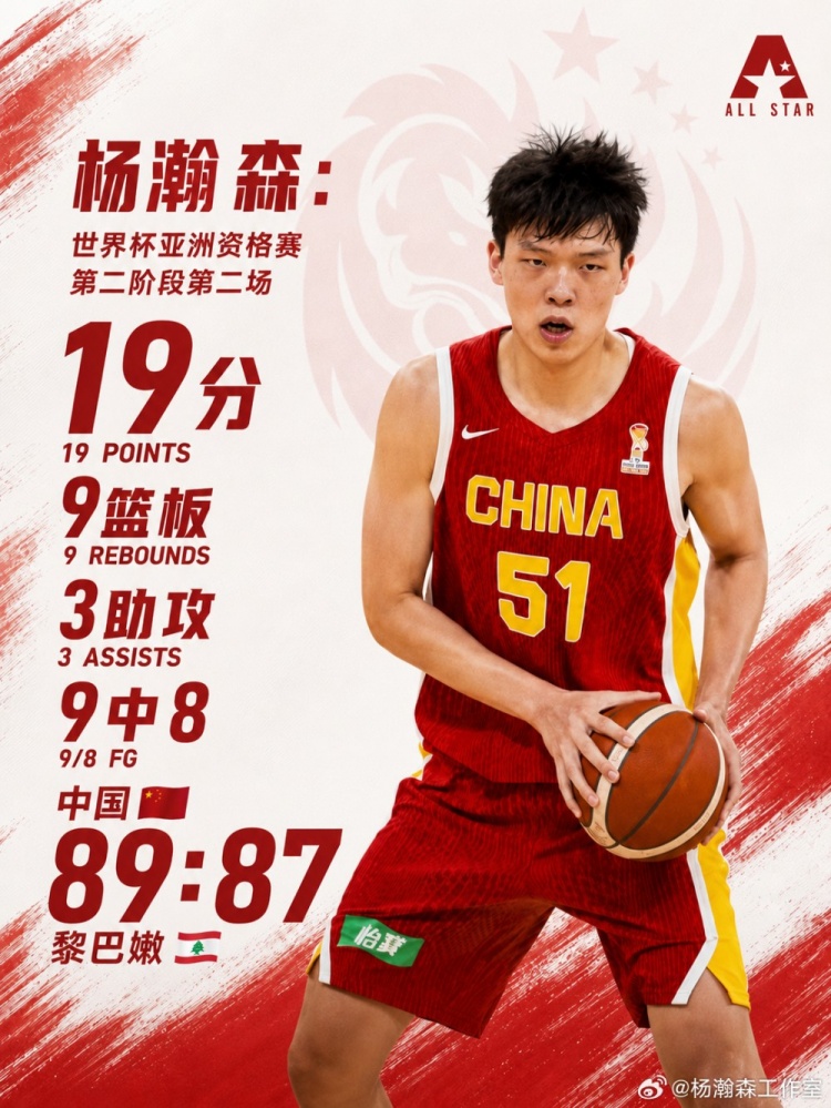 19分9板3助准绝杀！杨瀚森工作室：迅捷输出 用扎实表现扛起禁区