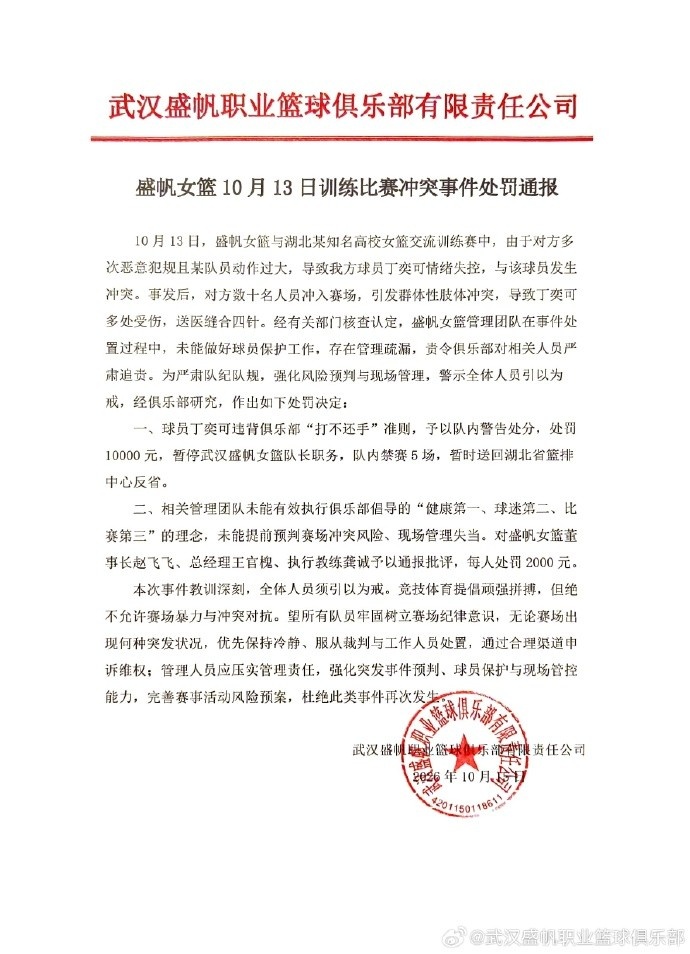 武汉女篮官方:丁奕可违背俱乐部打不还手准则 处罚1万元&禁赛5场 武汉女篮官方:丁奕可违背俱乐部打不还手准则 处罚1万元&禁赛5场