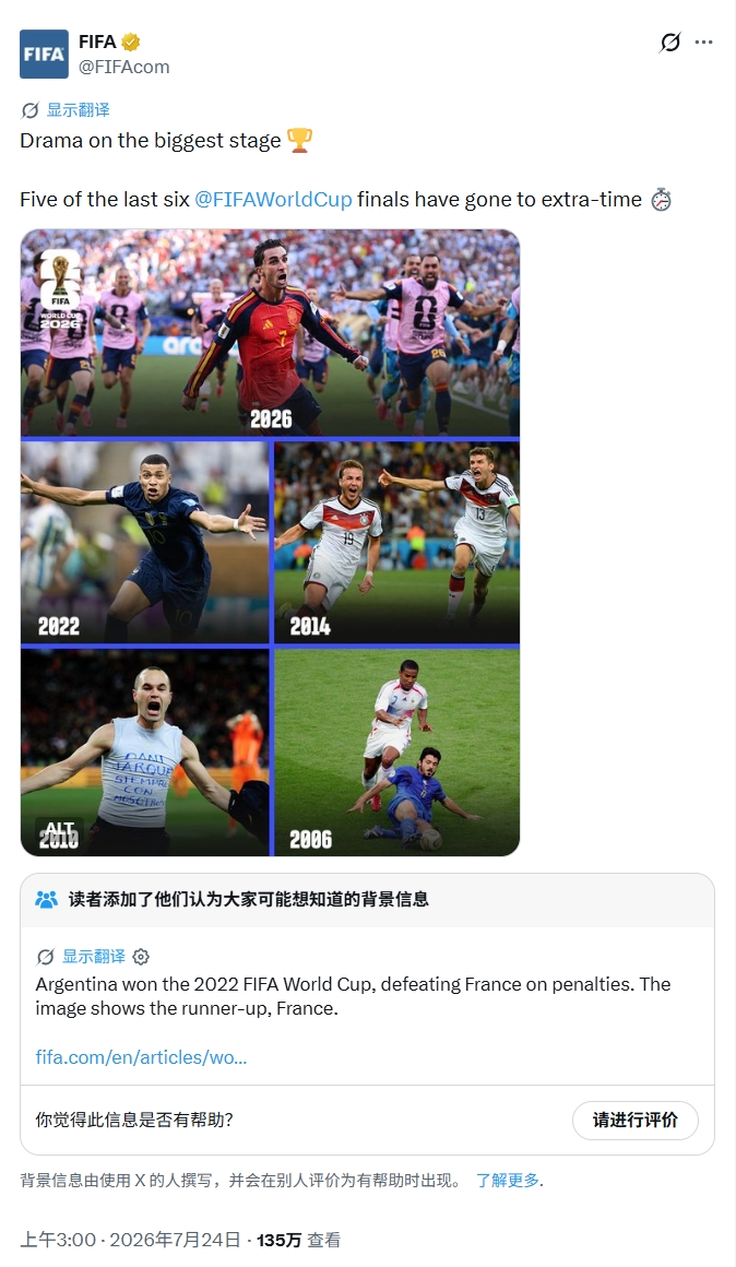 FIFA官方海报翻车:2022世界杯冠军阿根廷被姆巴佩取代