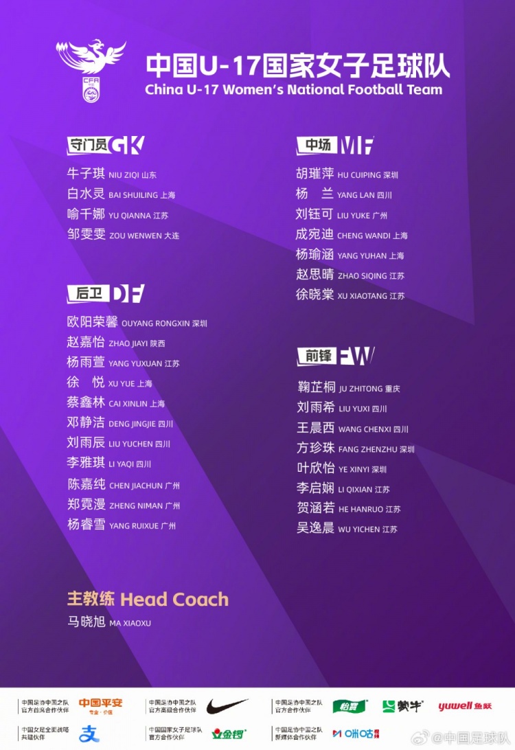 U-17女足第七期集训8月5日启动 33天两基地备战世界杯