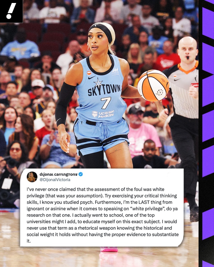 WNBA卡林顿二级恶犯驱逐后发文：白人特权言论不针对犯规