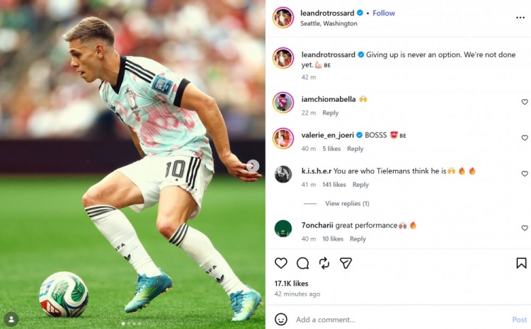 特罗萨德89分钟绝平助攻，社媒发文：我们还没结束